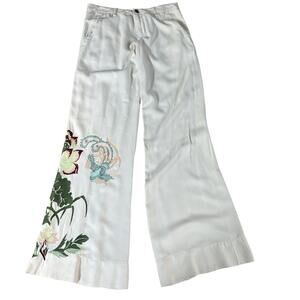 DA-Nang 100% Silk Pants Women's XS Ivory Embroidered Flare Wide Leg Inseam 33"